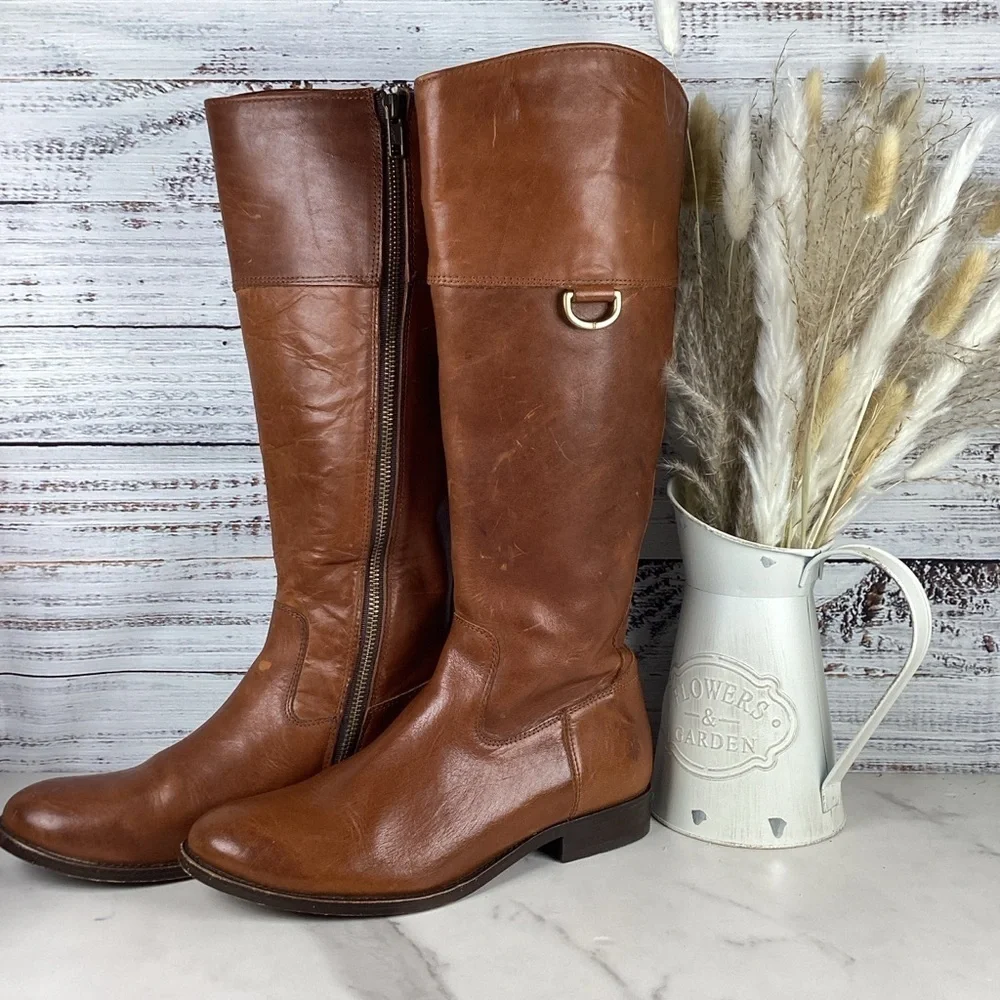 FRYE SIZE 7 MELISSA D RING TALL BOOTS BROWN CARAMEL LEATHER EQUESTRIAN SHOES EUC